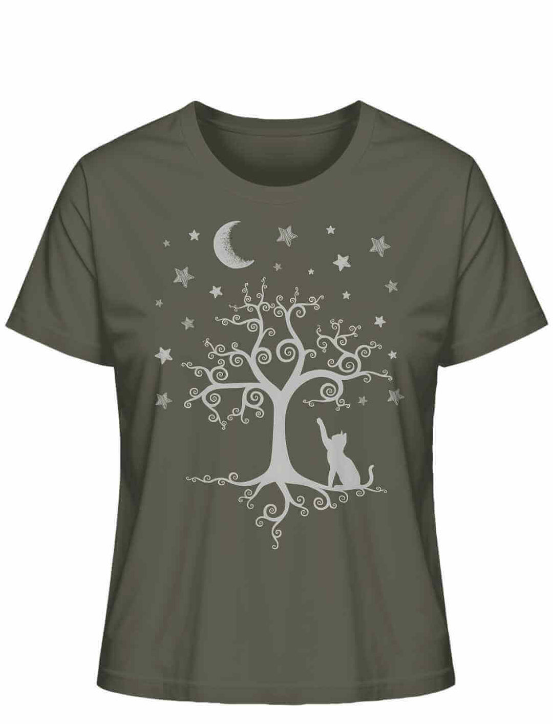 Khaki Damen-Shirt “Silbermondtraum” – Traumhaftes Design mit Sternenhimmel und Katze, gefertigt aus umweltfreundlicher Bio-Baumwolle.