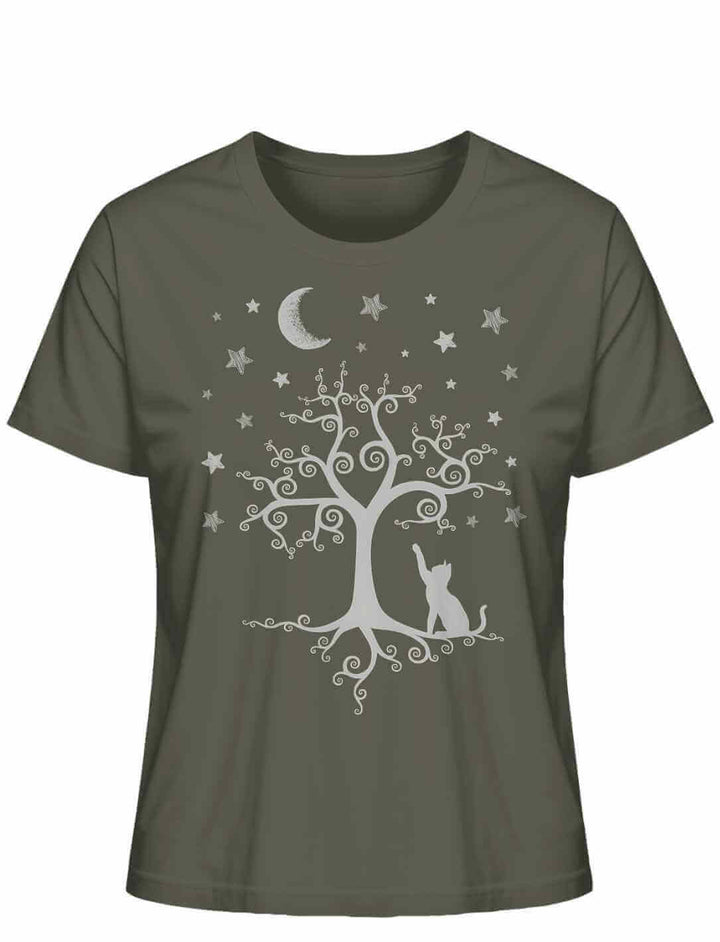 Khaki Damen-Shirt “Silbermondtraum” – Traumhaftes Design mit Sternenhimmel und Katze, gefertigt aus umweltfreundlicher Bio-Baumwolle.