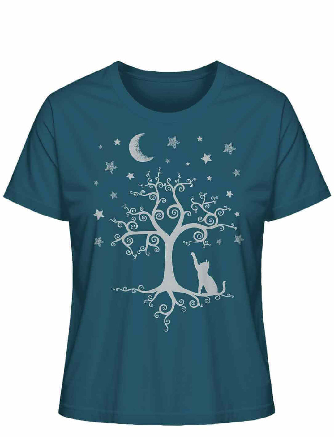 Stargazer Damen-Shirt “Silbermondtraum” – Verbindet Natur und Fantasie, zeigt eine Katze, die nach den Sternen greift – einzigartig & nachhaltig.