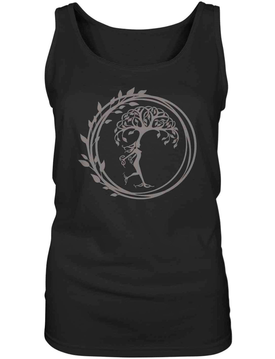 Schwarzes Silvaner Lebensbaum Damen Tank-Top von Runental.de in Liegedarstellung.