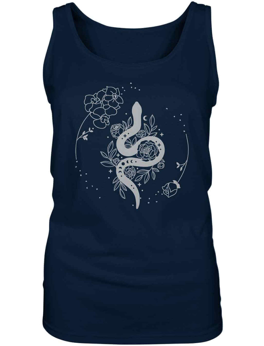 Snake of Wisdom T-Shirt in Navy auf weißem Hintergrund, zeigt eine detailreiche Darstellung einer Schlange und floralen Motiven, symbolisch für Wissen und Transformation.