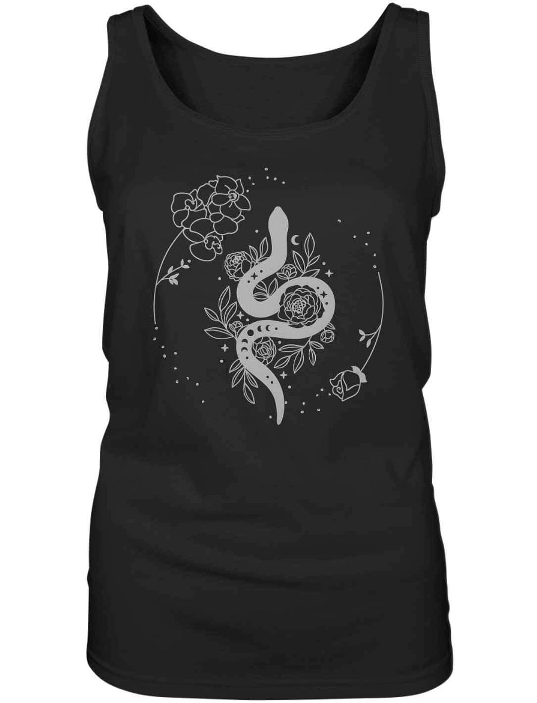 Snake of Wisdom Tank Top in Schwarz auf weißem Hintergrund, zeigt eine detailreiche Darstellung einer Schlange und floralen Motiven, symbolisch für Wissen und Transformation.