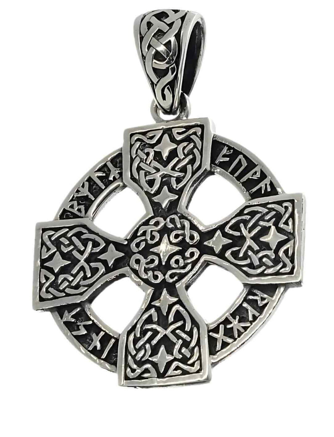 Keltisches Kreuz aus 925 Silber mit umlaufenden Runen – Stele der vier Himmelsrichtungen.
