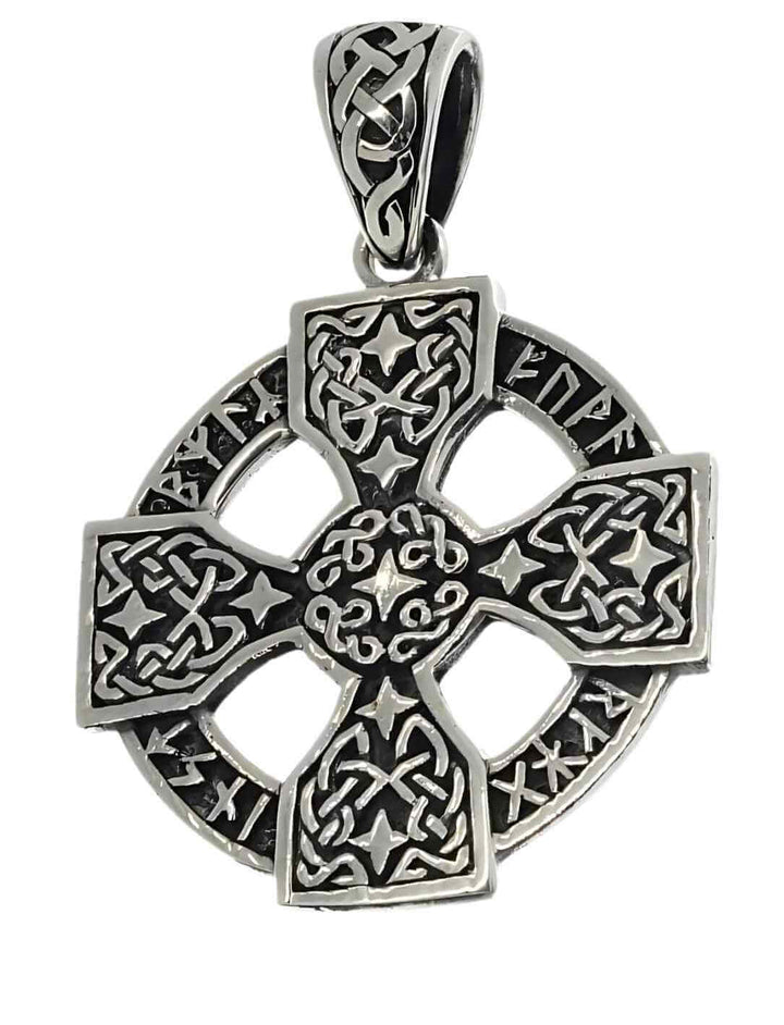Keltisches Kreuz aus 925 Silber mit umlaufenden Runen – Stele der vier Himmelsrichtungen.