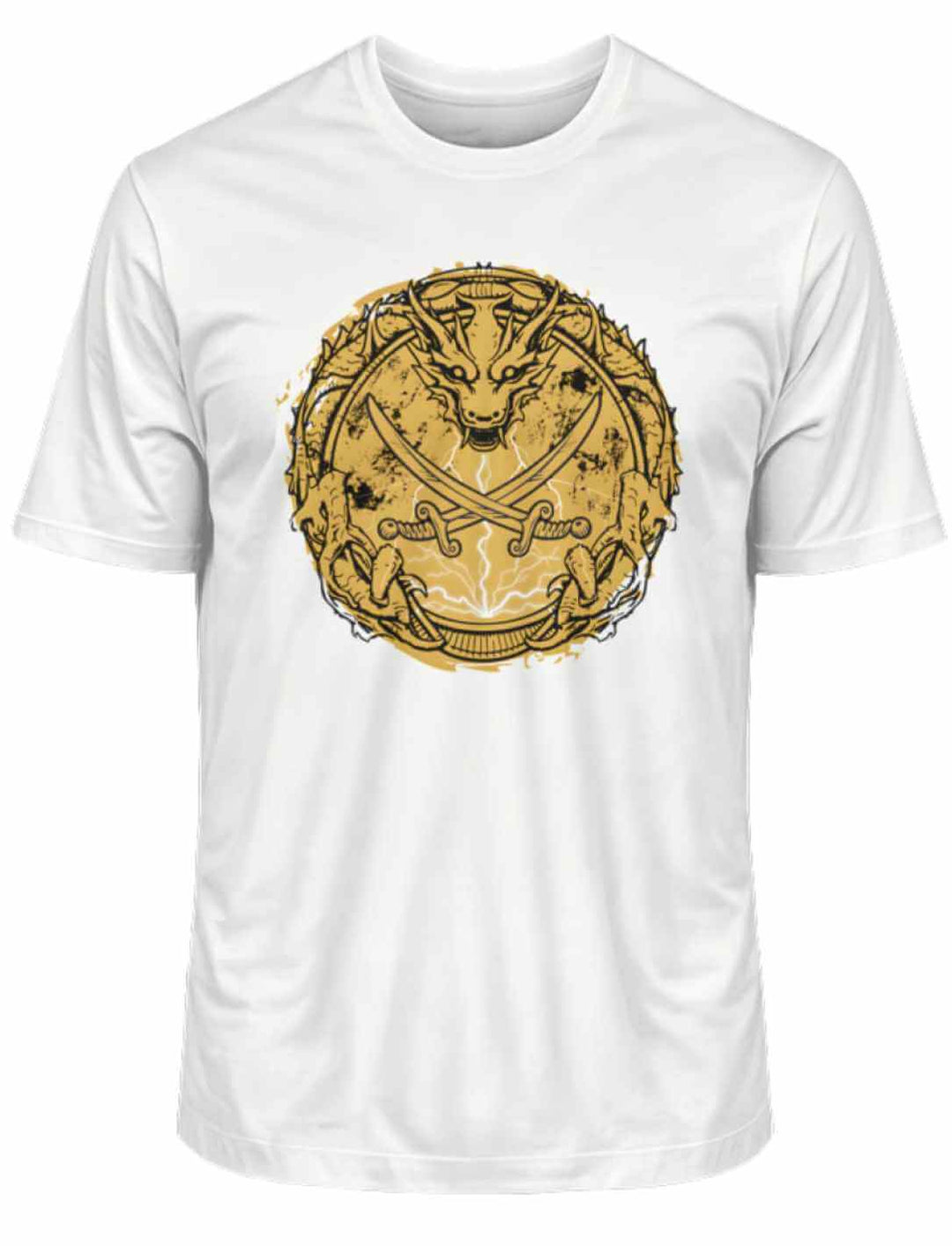 Weißes Storm of the Dragon T-Shirt – Mächtiger Drache und Schwerter auf weißem Hintergrund"