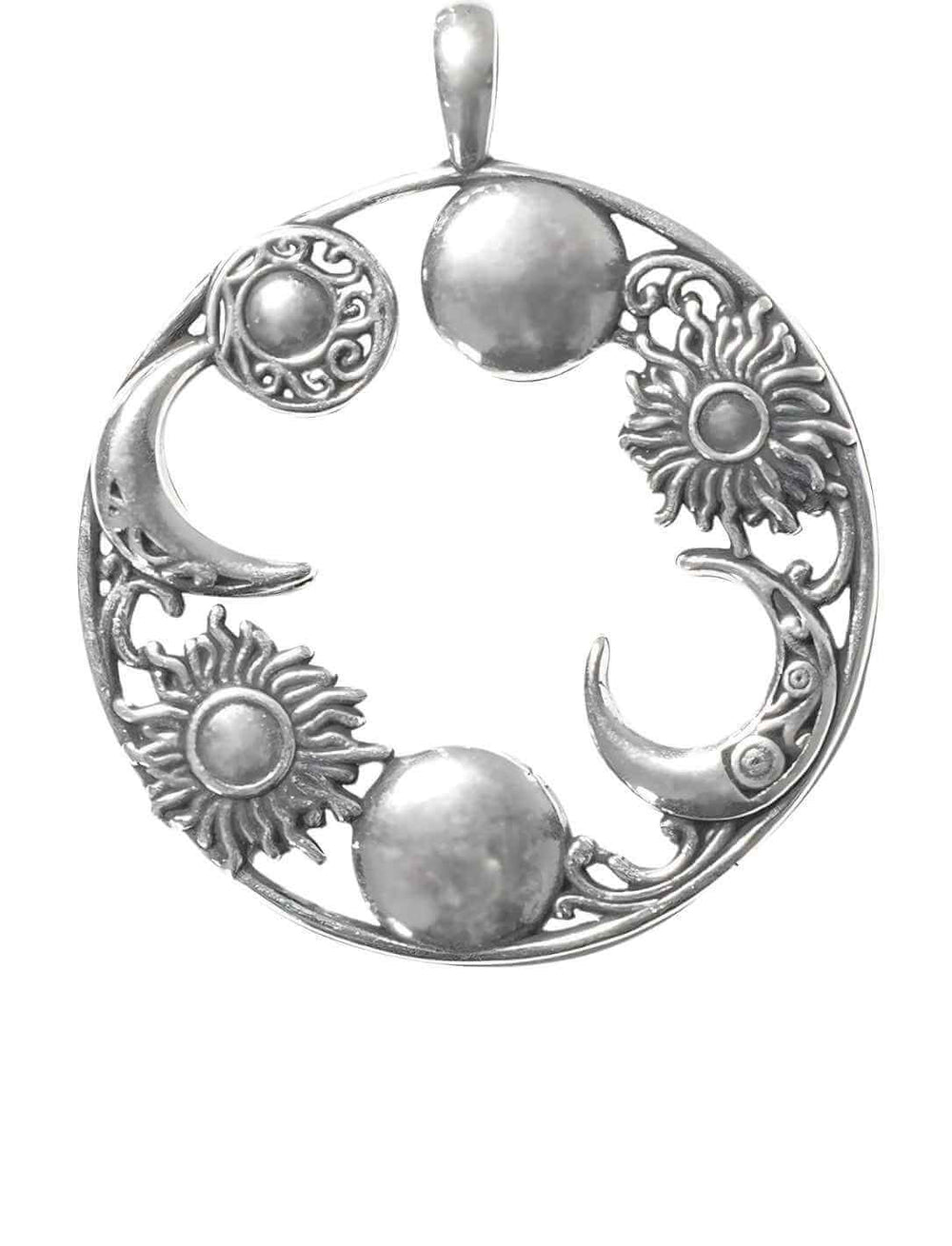 Silberanhänger mit Sonne und Mond auf weissem Hintergrund – Symbol für kosmisches Gleichgewicht