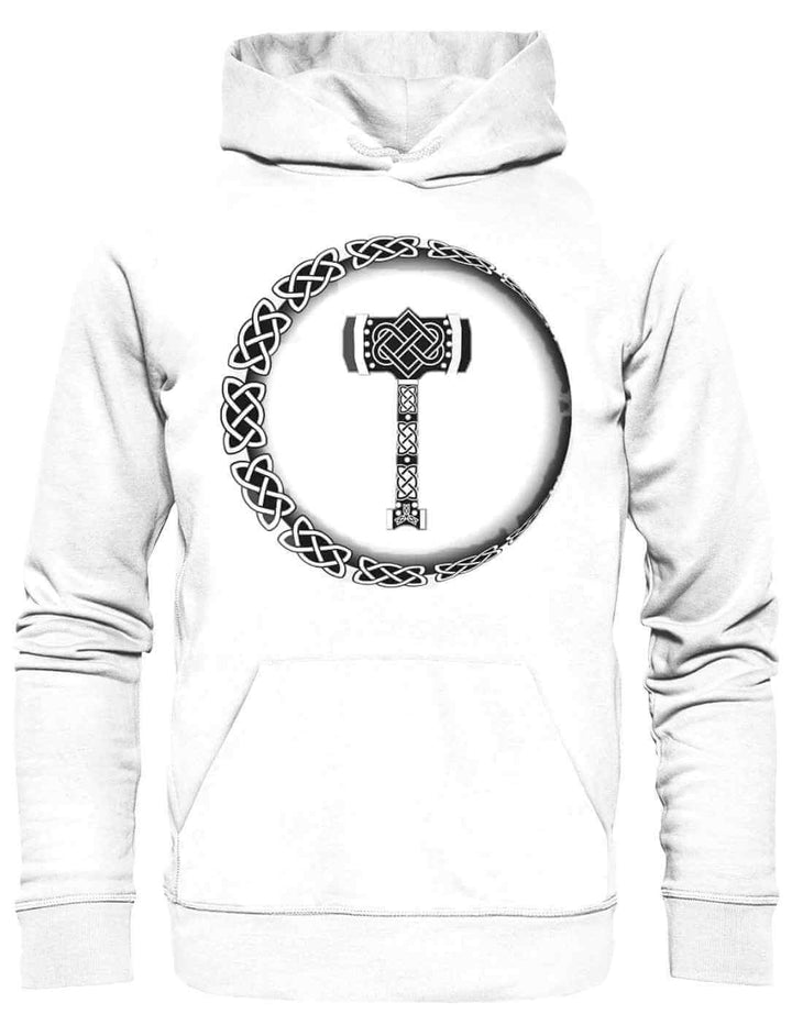 Der „Thors Legacy“ Unisex Organic Hoodie in reinem Weiss, stilvoll in Szene gesetzt vor einem neutralen Hintergrund.