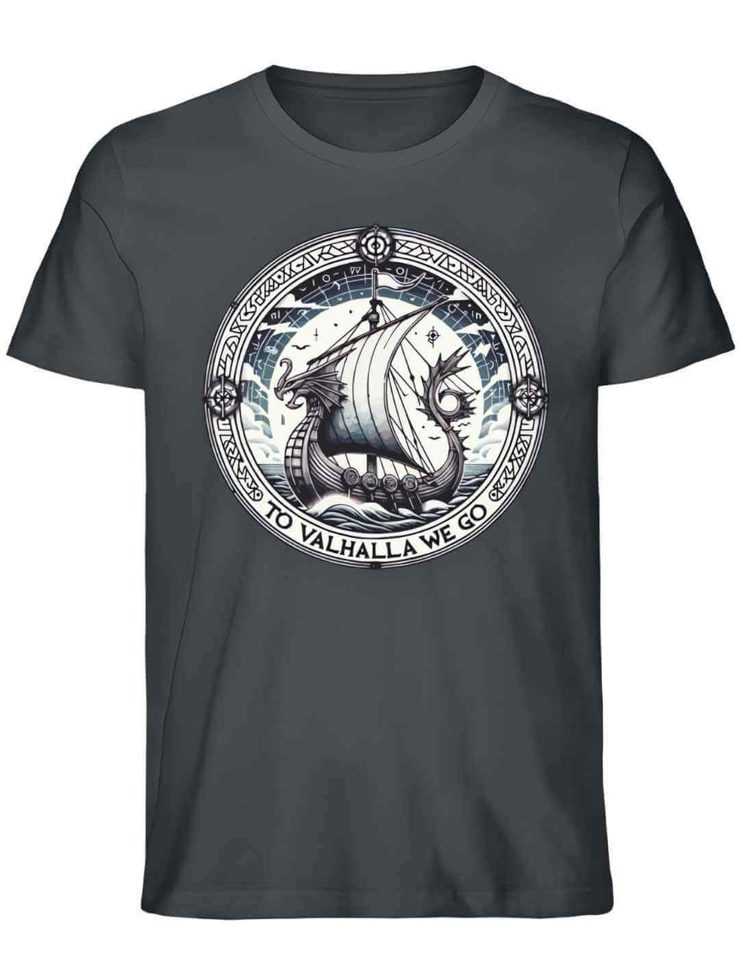 Unisex Organic Shirt in India Ink Grey mit dem Design ‘To Valhalla We Go’ – episches Wikinger-Drachenboot-Motiv, inspiriert von der Reise mutiger Krieger nach Walhalla.