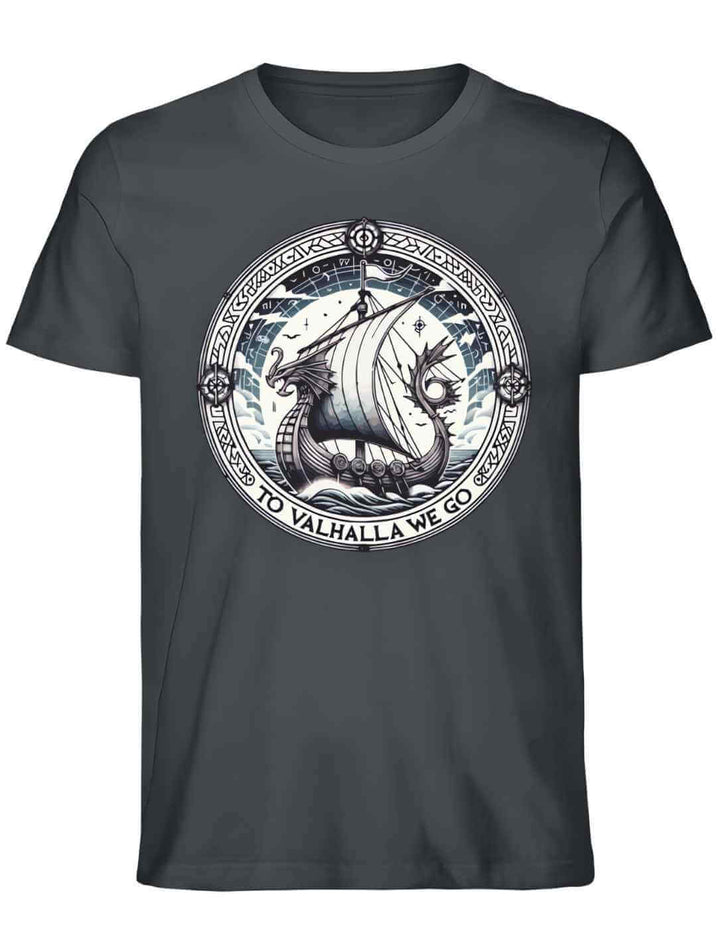Unisex Organic Shirt in India Ink Grey mit dem Design ‘To Valhalla We Go’ – episches Wikinger-Drachenboot-Motiv, inspiriert von der Reise mutiger Krieger nach Walhalla.