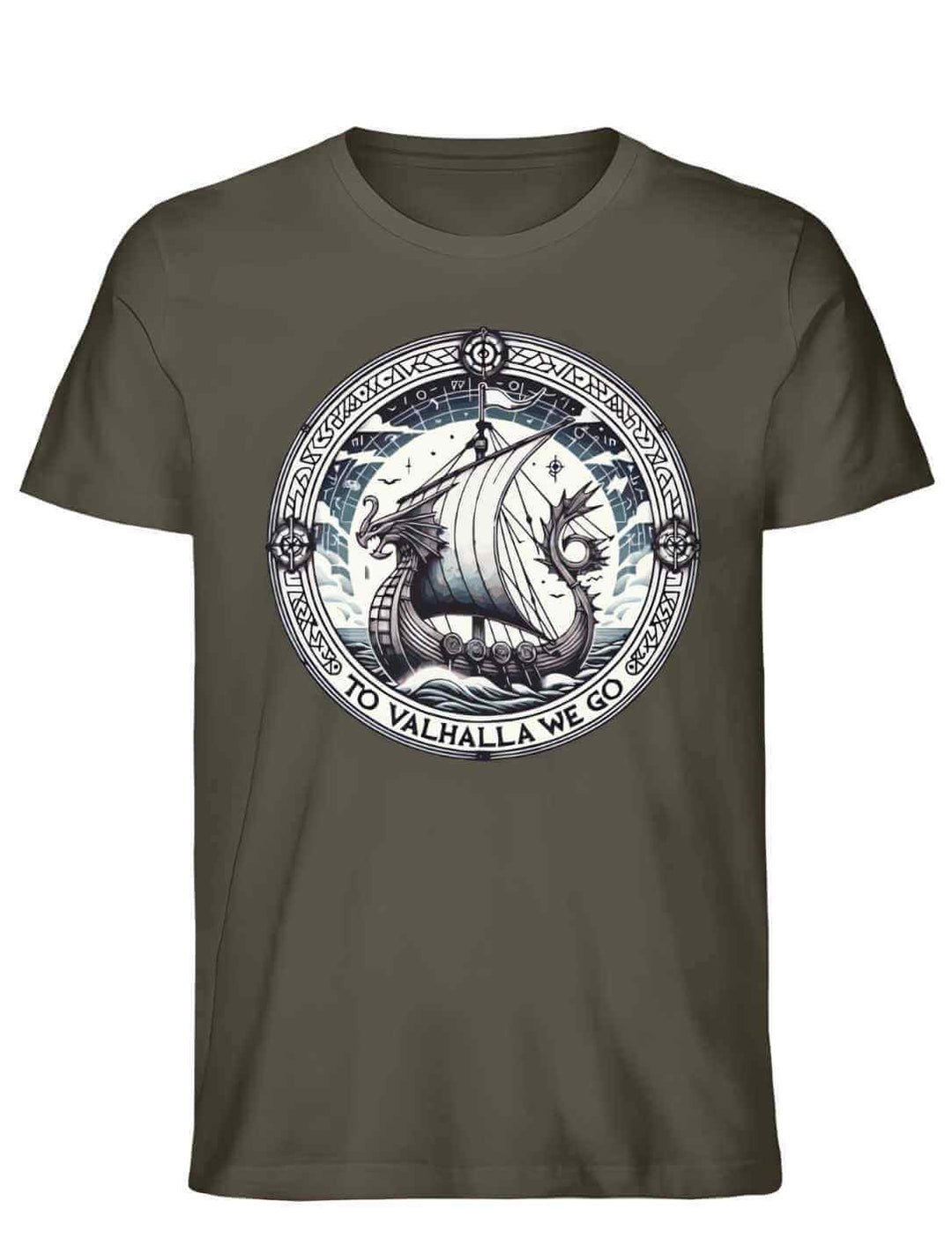 Unisex Organic Shirt in Khaki mit dem Design ‘To Valhalla We Go’ – Drachenboot-Motiv, umgeben von Runen, ideal für Naturliebhaber und Fans nordischer Legenden.