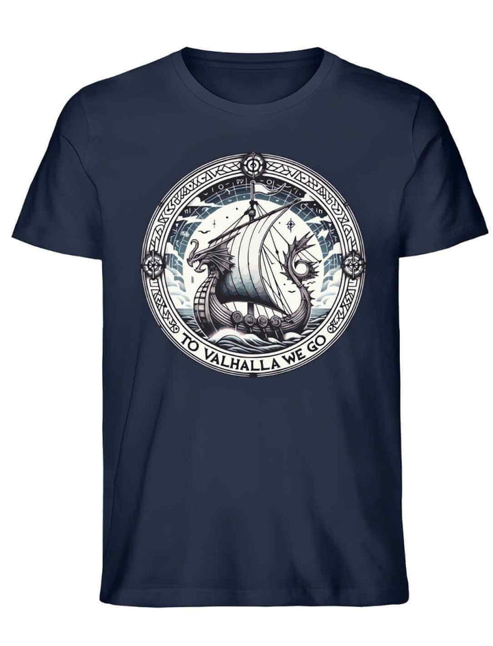Unisex Organic Shirt in French Navy mit dem Design ‘To Valhalla We Go’ – ein stilvolles Wikinger-Drachenboot, inspiriert von den Seefahrern und Göttern des Nordens.
