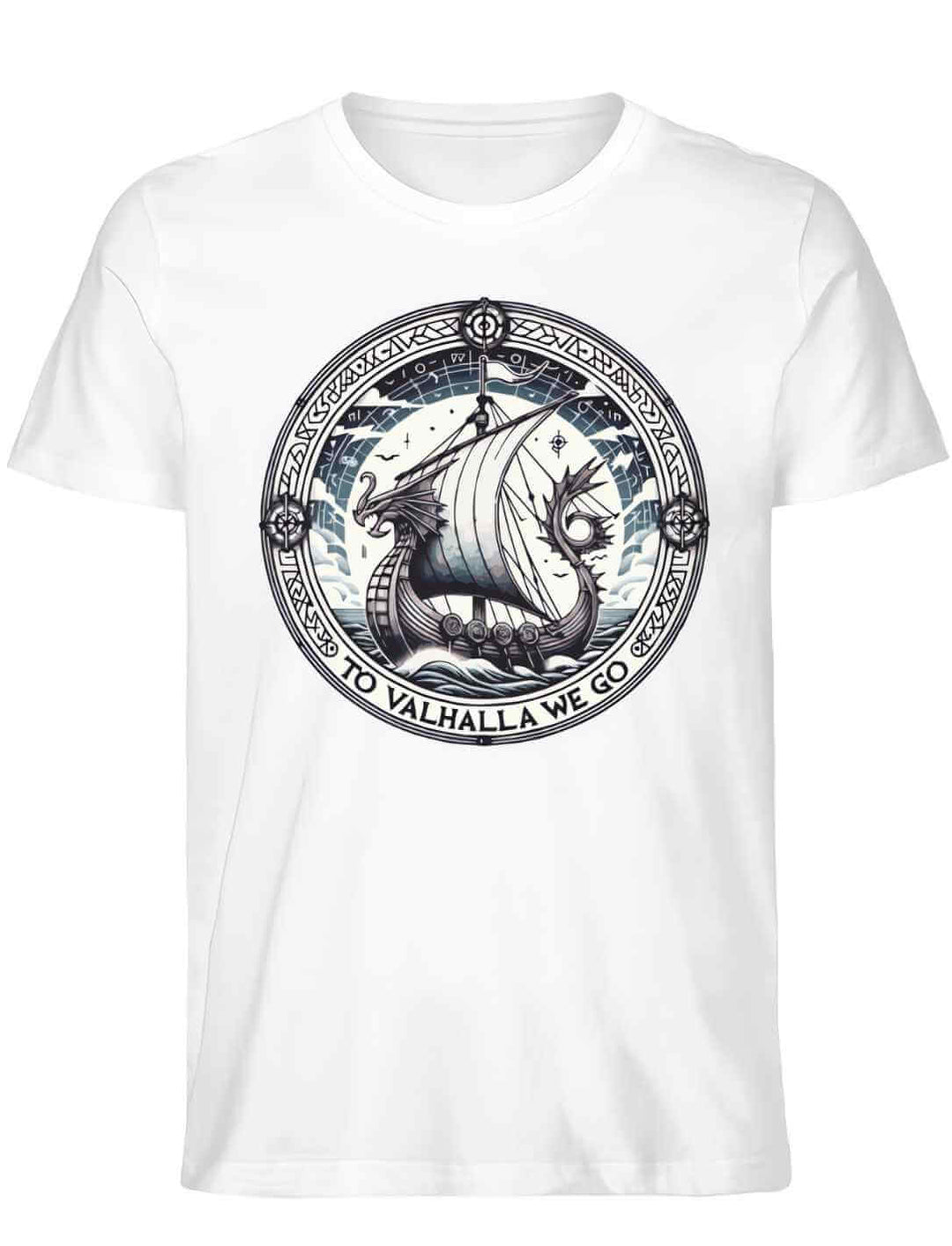 Unisex Organic Shirt in Weiß mit dem Design ‘To Valhalla We Go’ – majestätisches Drachenboot-Motiv, begleitet von Runen, für Fans nordischer Sagen und epischer Geschichten.