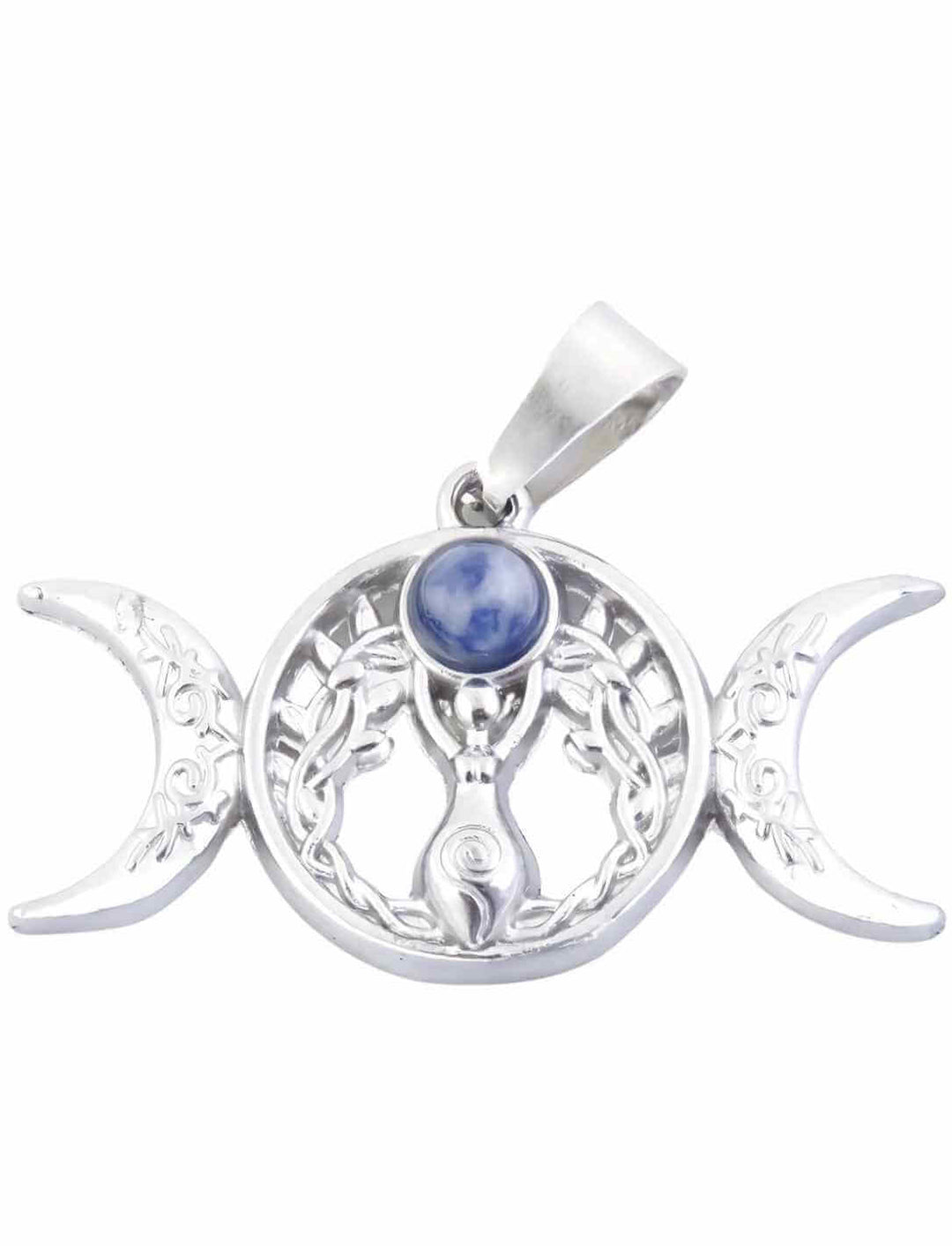 Der Anhänger aus Edelstahl zeigt das Triple-Moon-Symbol mit einer Göttinnenfigur und einem blauen Sodalith in der Mitte – ein Talisman für Selbstbewusstsein, Klarheit und innere Ruhe.