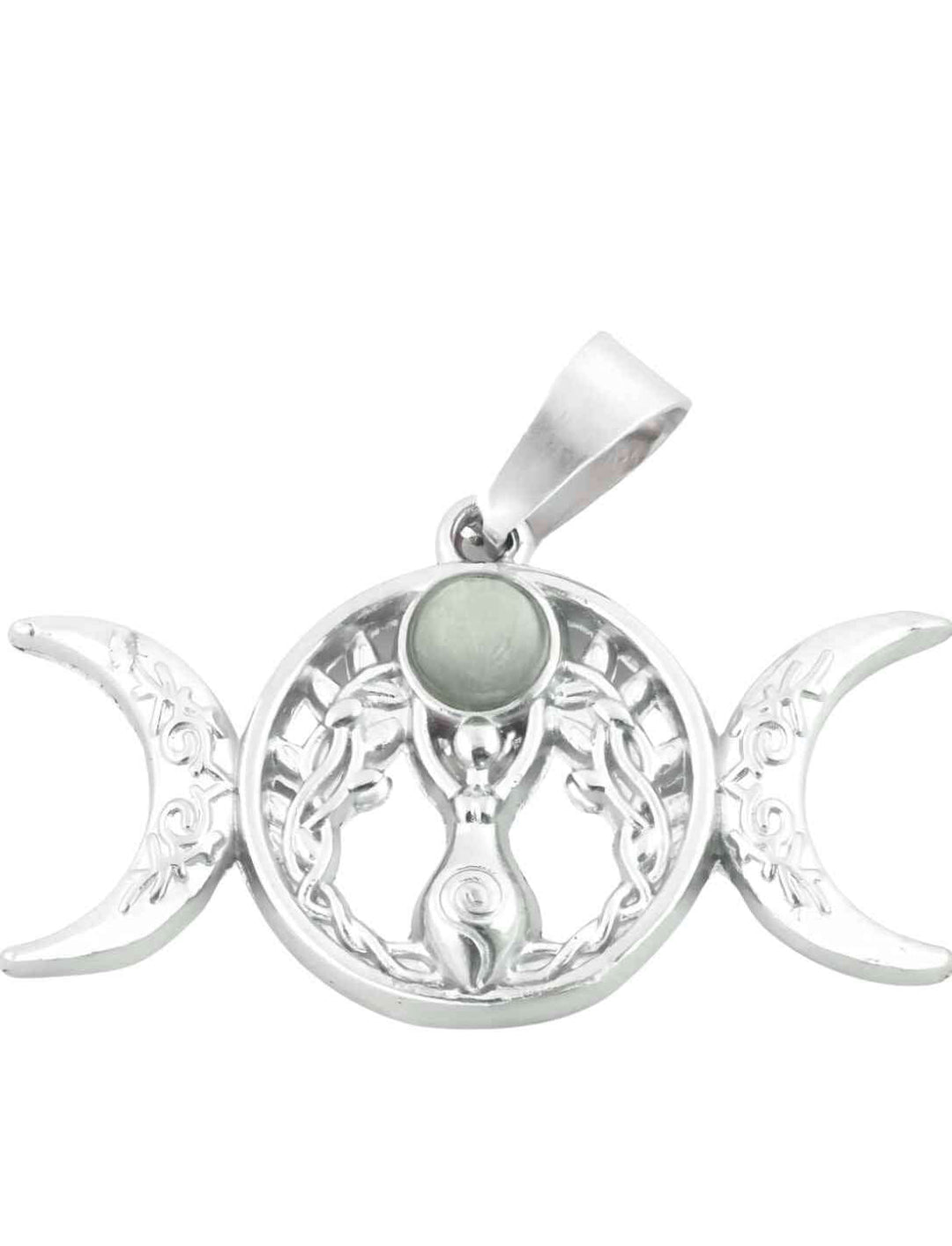 Der Anhänger aus Edelstahl zeigt das Triple Moon Symbol mit einer Göttinnenfigur und einem gruenen Aachat in der Mitte – ein Talisman für emotionale Balance und Harmonie.