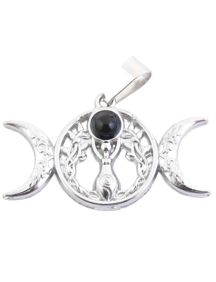 Mystischer Edelstahl-Anhänger mit dem Triple Moon Symbol und einem tiefschwarzen Onyx – ein Schutzamulett gegen negative Energien und ein Zeichen spiritueller Kraft.