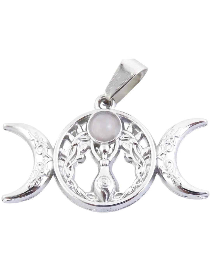 Sanft schimmernder Rosenquarz im Zentrum des Triple Moon Symbols – ein Amulett für Liebe, Harmonie und spirituelle Heilung.