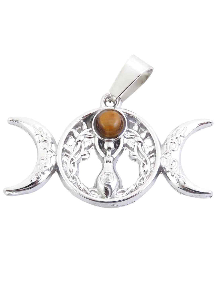 Der Anhänger aus Edelstahl zeigt das Triple Moon Symbol mit einer Göttinnenfigur und einem Tigerauge in der Mitte – ein Talisman für Mut, Klarheit und innere Balance.