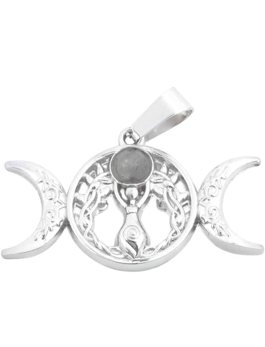 Der Anhänger aus Edelstahl zeigt das Triple Moon Symbol mit einer Göttinnenfigur und einem Labradorit in der Mitte – ein Talisman für Kreativität, Selbsterkenntnis und spirituelle Entwicklung.