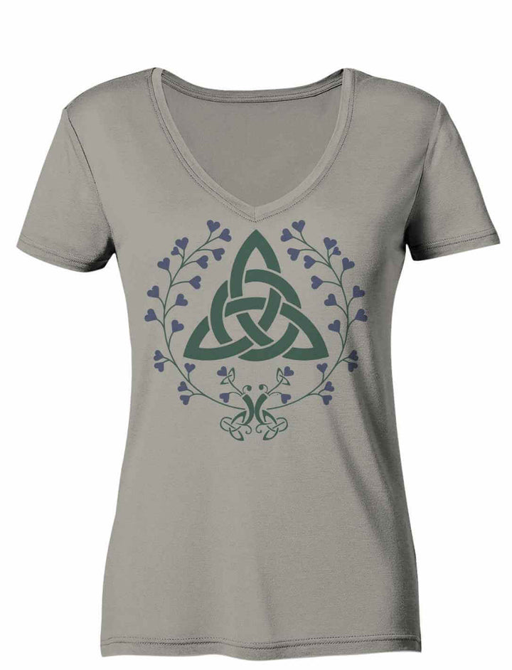 Hellgraues Damen V-Neck-Shirt „Triquetra des grünen Bundes“ – zartes, naturinspiriertes Print-Design in grüner Magie.