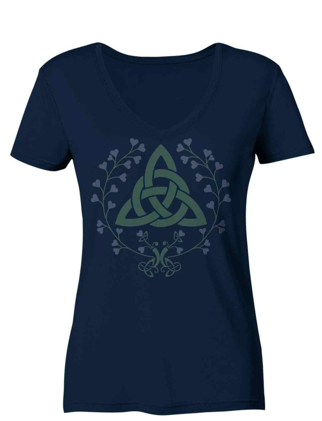 V-Neck-Shirt „Triquetra des grünen Bundes“ in tiefem Navy-Blau – feminines Design mit mythischer Triquetra und Herzblättern.