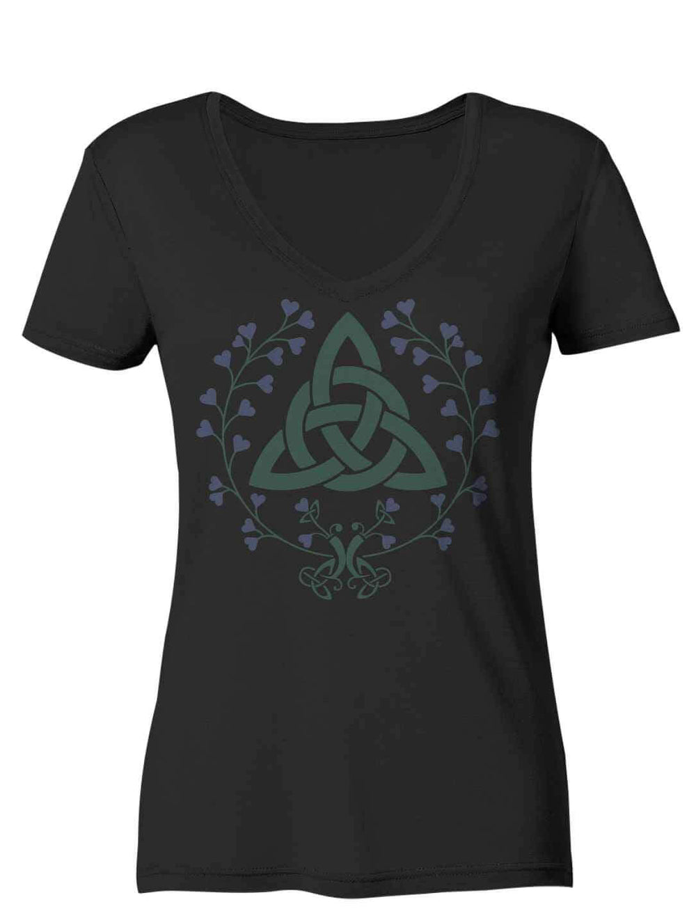 Damen V-Neck-Shirt „Triquetra des grünen Bundes“ in Schwarz – keltisches Symbol mit filigranem Blattkranz in Grün-Violett-Tönen.