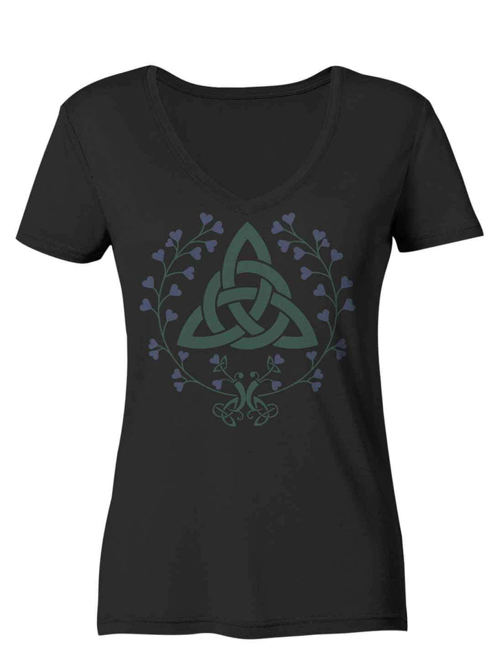 Damen V-Neck-Shirt „Triquetra des grünen Bundes“ in Schwarz – keltisches Symbol mit filigranem Blattkranz in Grün-Violett-Tönen.