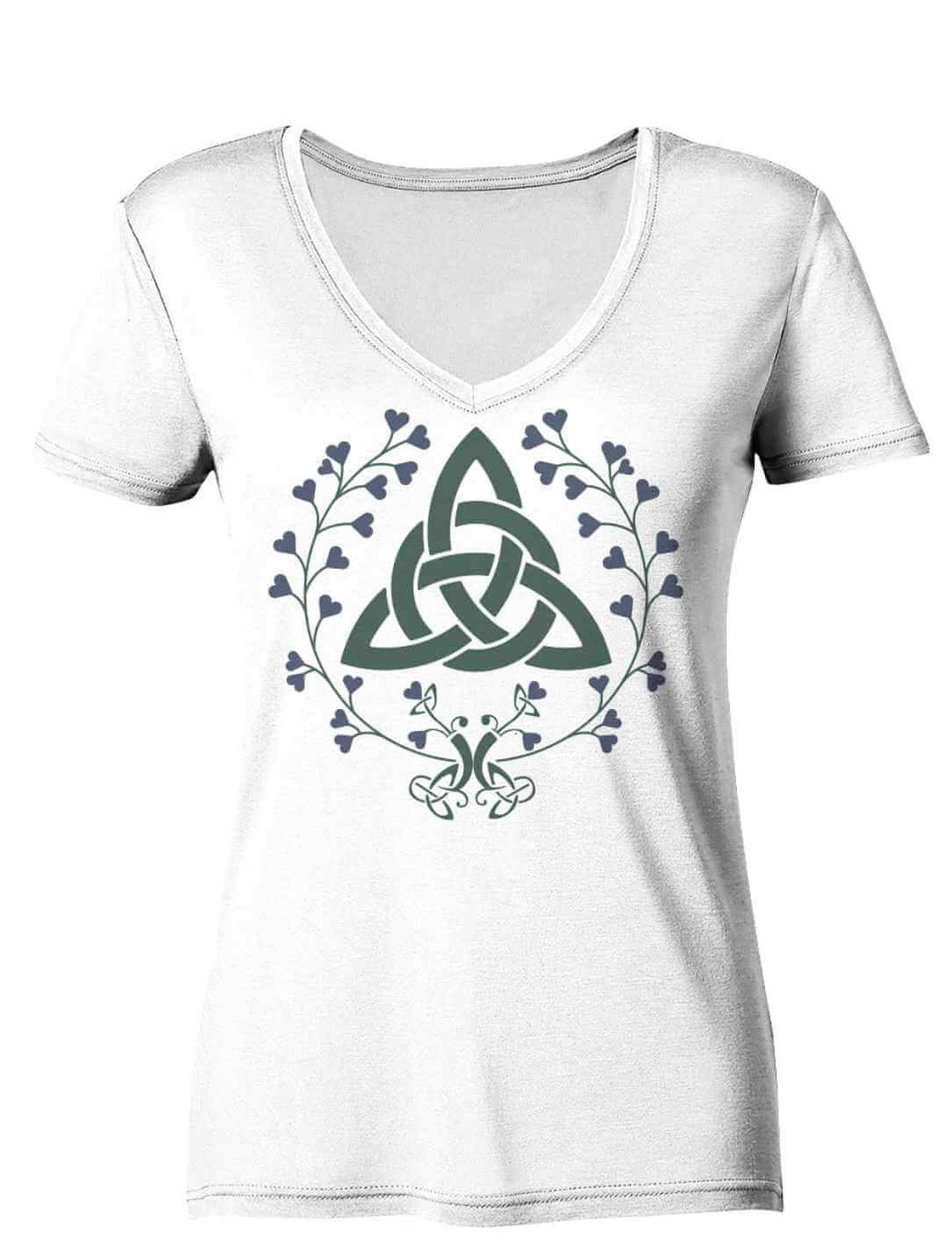 Weißes Damen V-Neck-Shirt mit dem Motiv „Triquetra des grünen Bundes“ – feine Naturornamente um eine keltische Knotensymbolik.