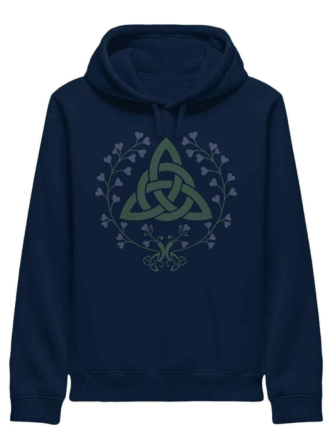 Dunkelblauer „Triquetra des grünen Bundes“ Hoodie mit mystischer Pflanzenranke – perfekt für naturnahe Styles.