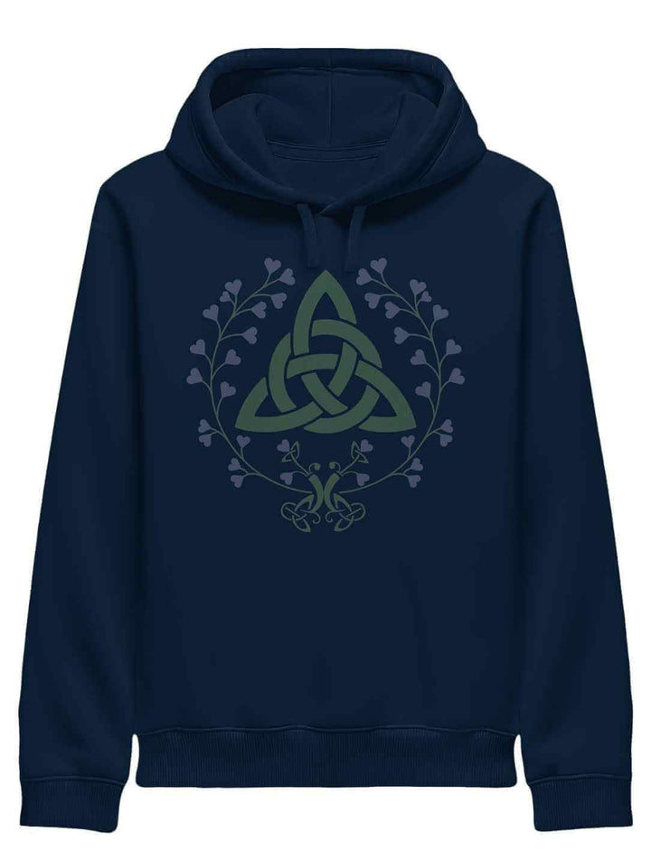 Dunkelblauer „Triquetra des grünen Bundes“ Hoodie mit mystischer Pflanzenranke – perfekt für naturnahe Styles.