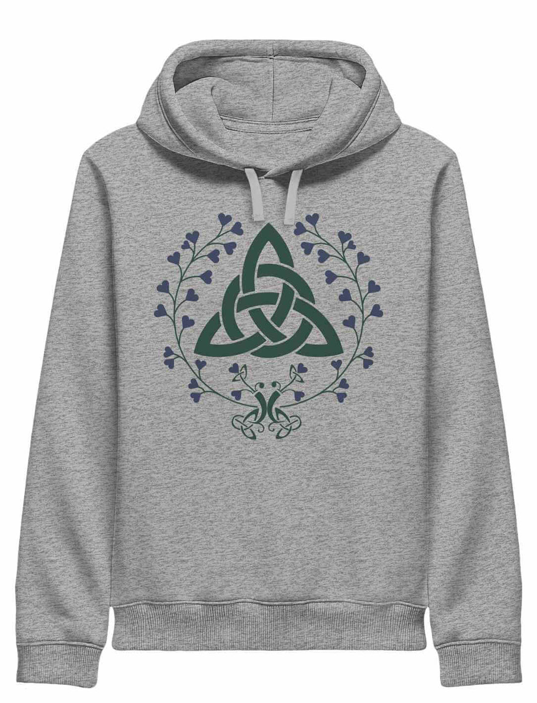 Melierter grauer Hoodie mit Triquetra-Symbol und floralen Details – harmonisch & alltagstauglich.