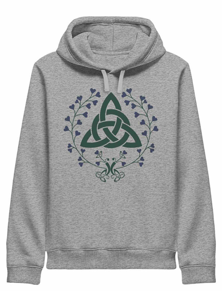 Melierter grauer Hoodie mit Triquetra-Symbol und floralen Details – harmonisch & alltagstauglich.