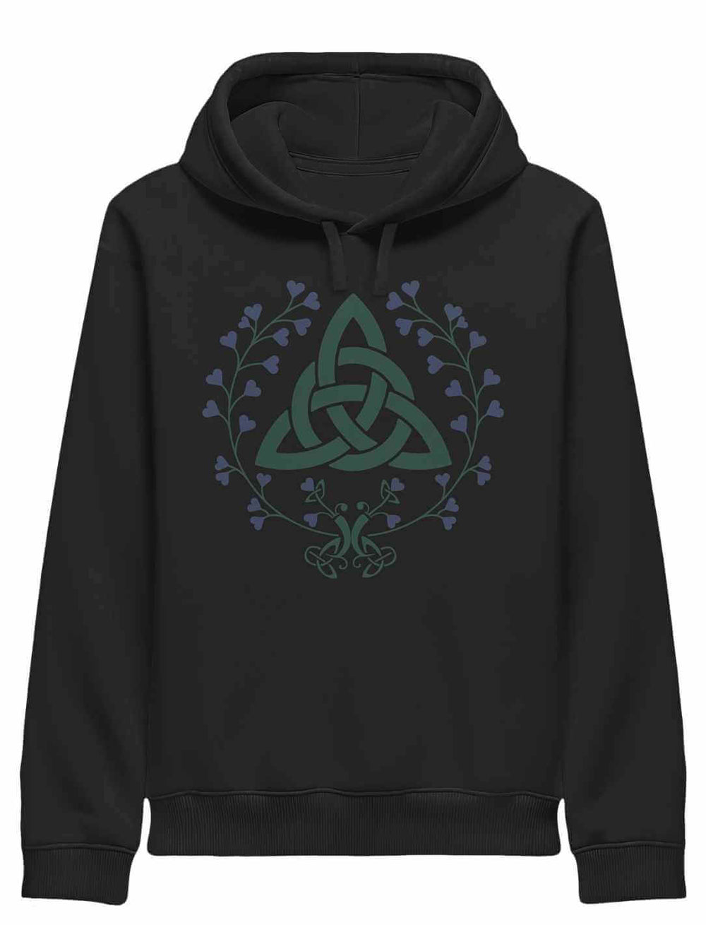 „Triquetra des grünen Bundes“ Unisex Hoodie in Schwarz mit floraler Symbolik und praktischen Seitentaschen.