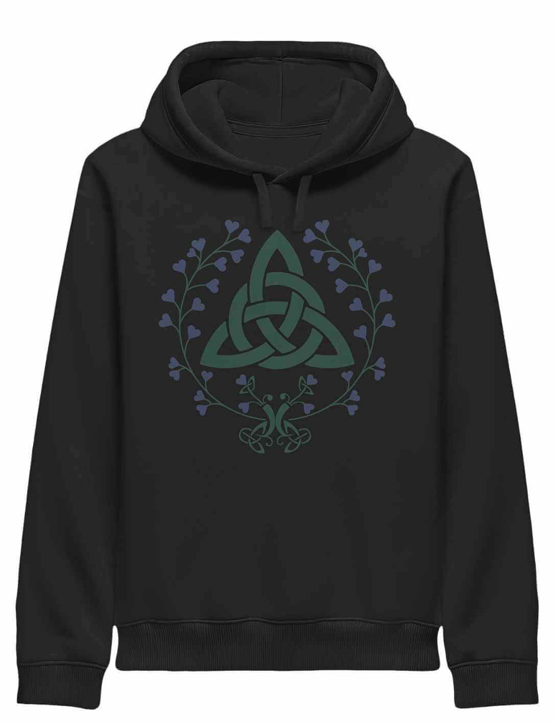 „Triquetra des grünen Bundes“ Unisex Hoodie in Schwarz mit floraler Symbolik und praktischen Seitentaschen.