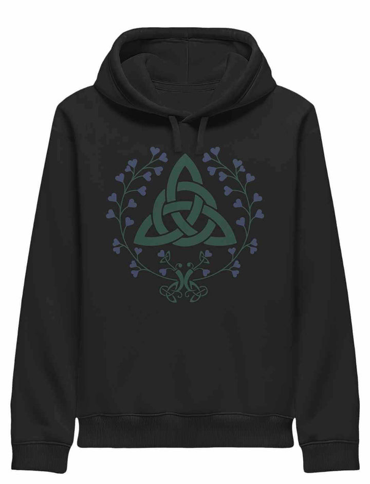 „Triquetra des grünen Bundes“ Unisex Hoodie in Schwarz mit floraler Symbolik und praktischen Seitentaschen.