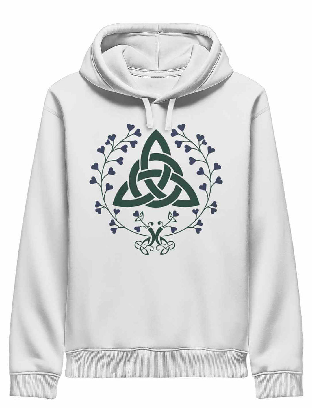 Weißer Hoodie „Triquetra des grünen Bundes“ – mit keltischem Motiv in sanften Grüntönen, gemütlich & ausdrucksstark.
