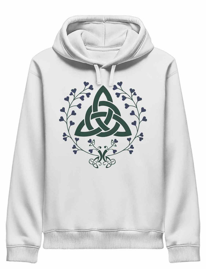 Weißer Hoodie „Triquetra des grünen Bundes“ – mit keltischem Motiv in sanften Grüntönen, gemütlich & ausdrucksstark.