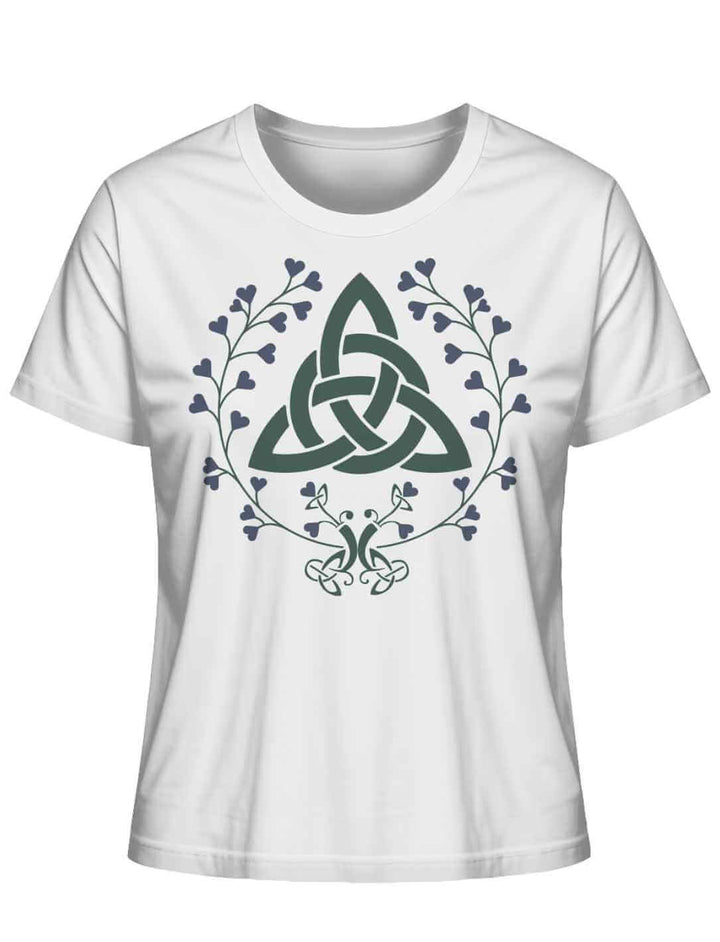 Damen Bio-Shirt in Weiß mit Triquetra-Design und zarten Blätterranken