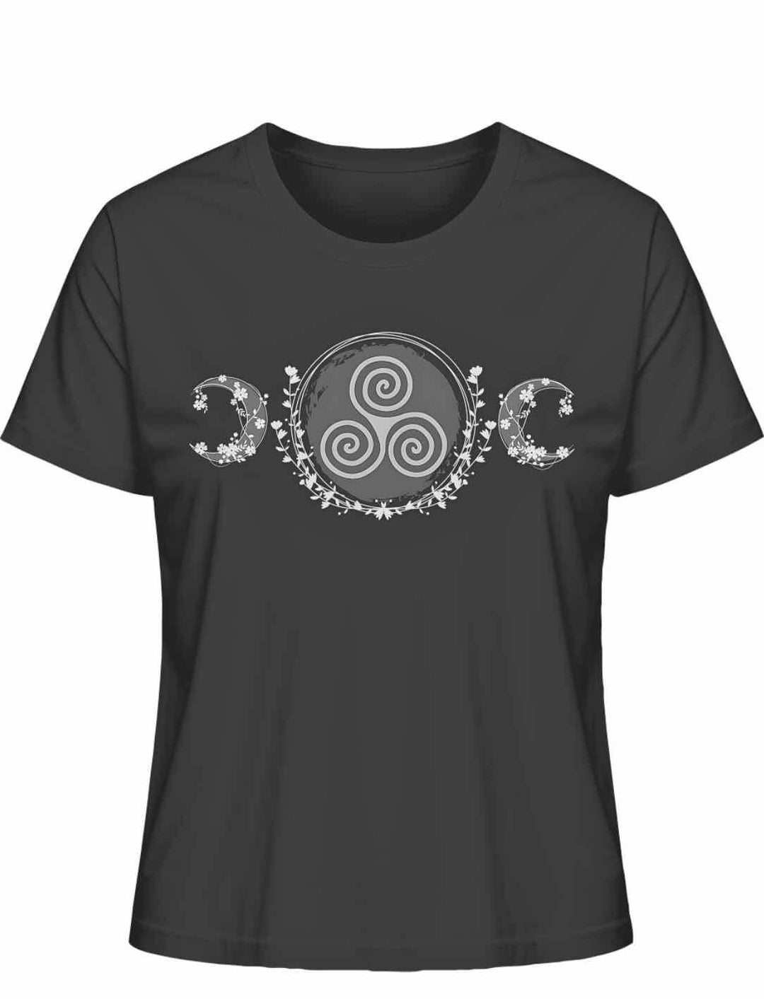 Triskele des Mondlichts T-Shirt in Anthrazit – Keltisches Design mit Triskele, Mondsicheln und floralen Mustern auf weißem Hintergrund