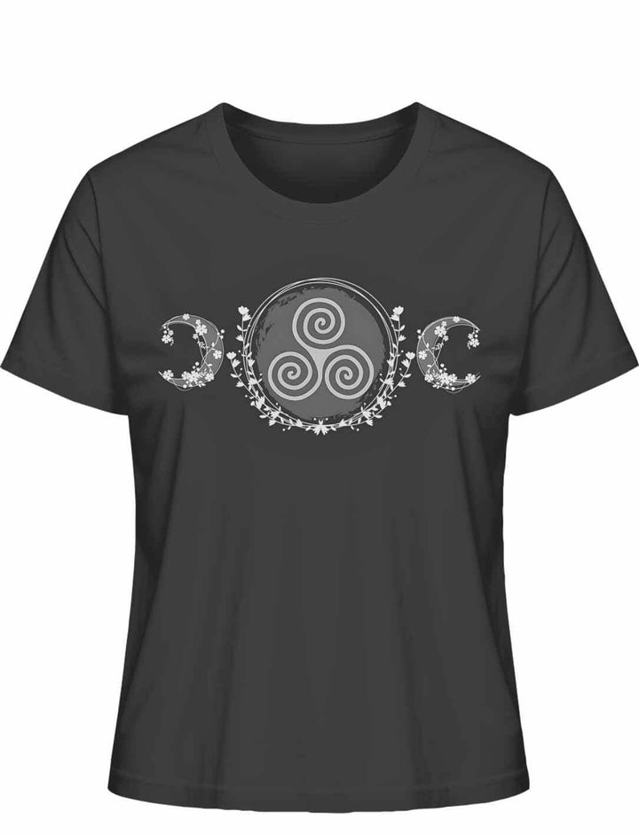 Triskele des Mondlichts T-Shirt in Anthrazit – Keltisches Design mit Triskele, Mondsicheln und floralen Mustern auf weißem Hintergrund
