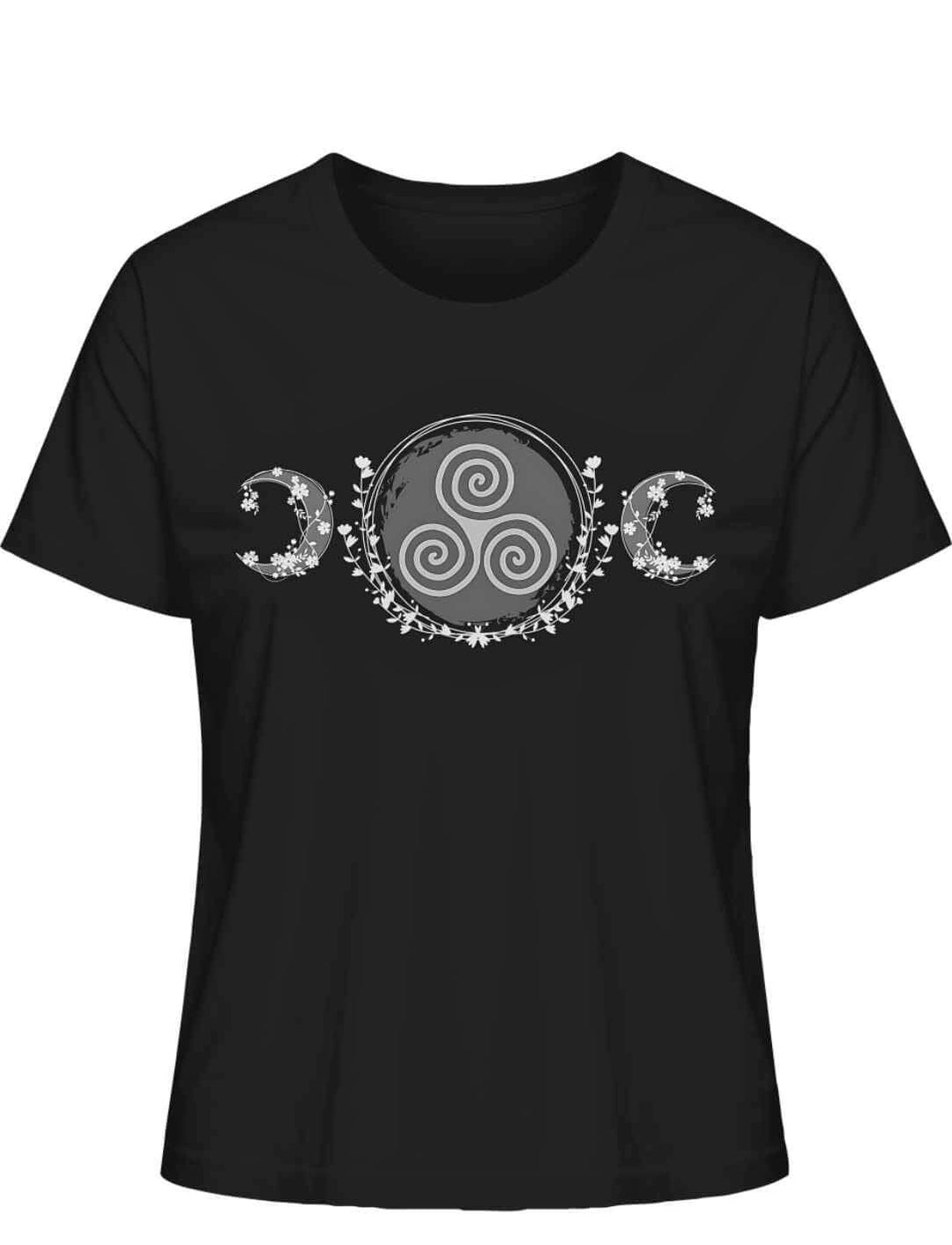 riskele des Mondlichts T-Shirt in Schwarz – Keltisches Design mit Triskele, Mondsicheln und floralen Mustern auf weißem Hintergrund
