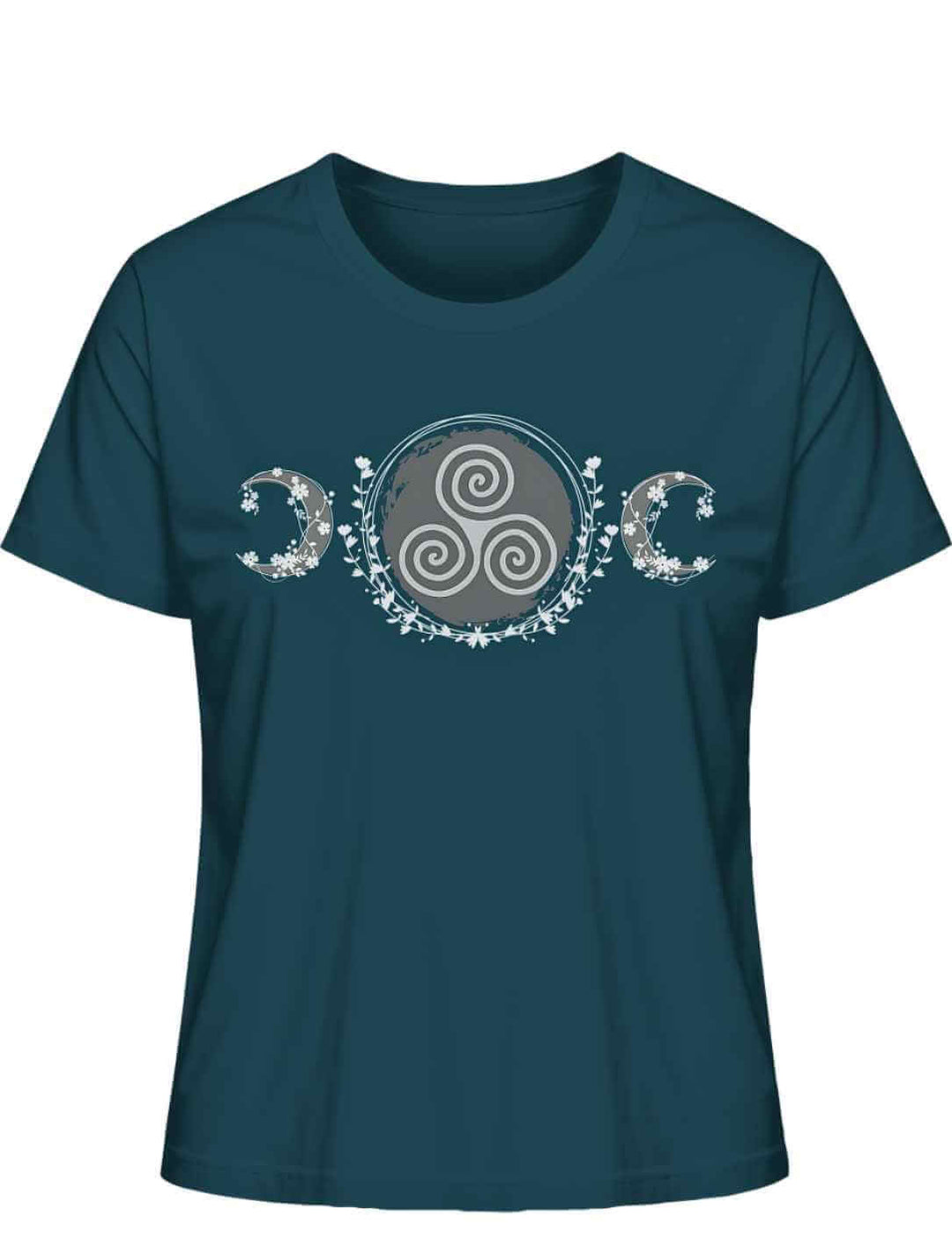 Triskele des Mondlichts T-Shirt in Stargazer – Keltisches Design mit Triskele, Mondsicheln und floralen Mustern auf weißem Hintergrund