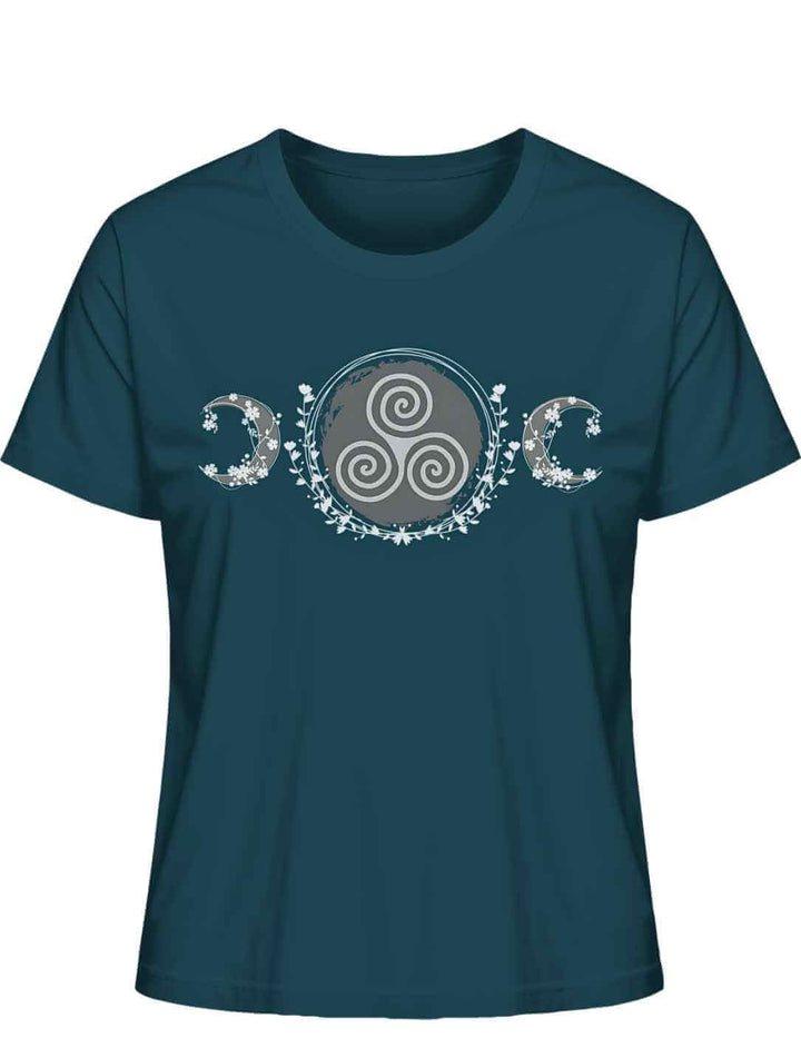 Triskele des Mondlichts T-Shirt in Stargazer – Keltisches Design mit Triskele, Mondsicheln und floralen Mustern auf weißem Hintergrund