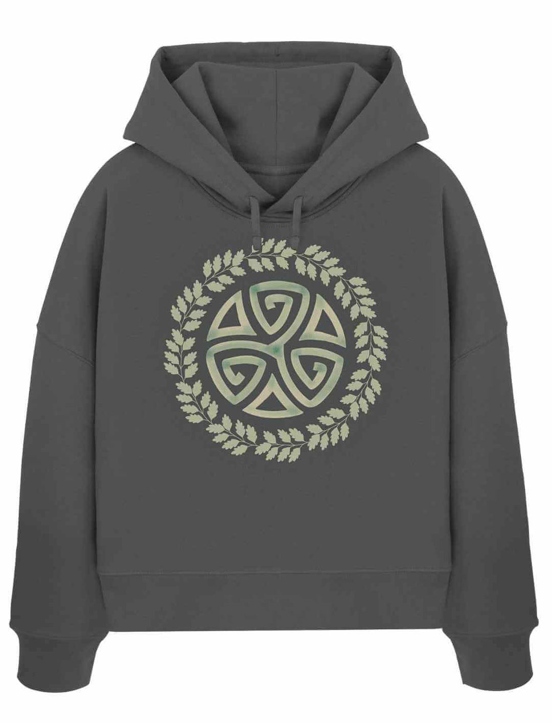 Triskele des Waldes Damen Hoodie in Anthrazit – keltisches Triskele-Motiv umrahmt von Eichenlaub
