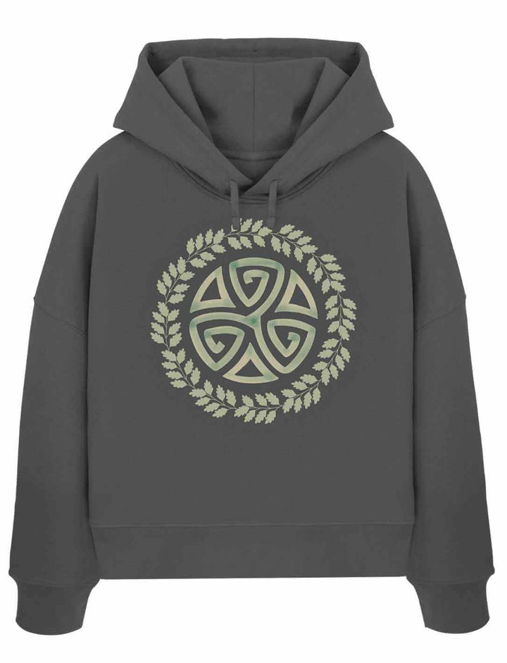 Triskele des Waldes Damen Hoodie in Anthrazit – keltisches Triskele-Motiv umrahmt von Eichenlaub