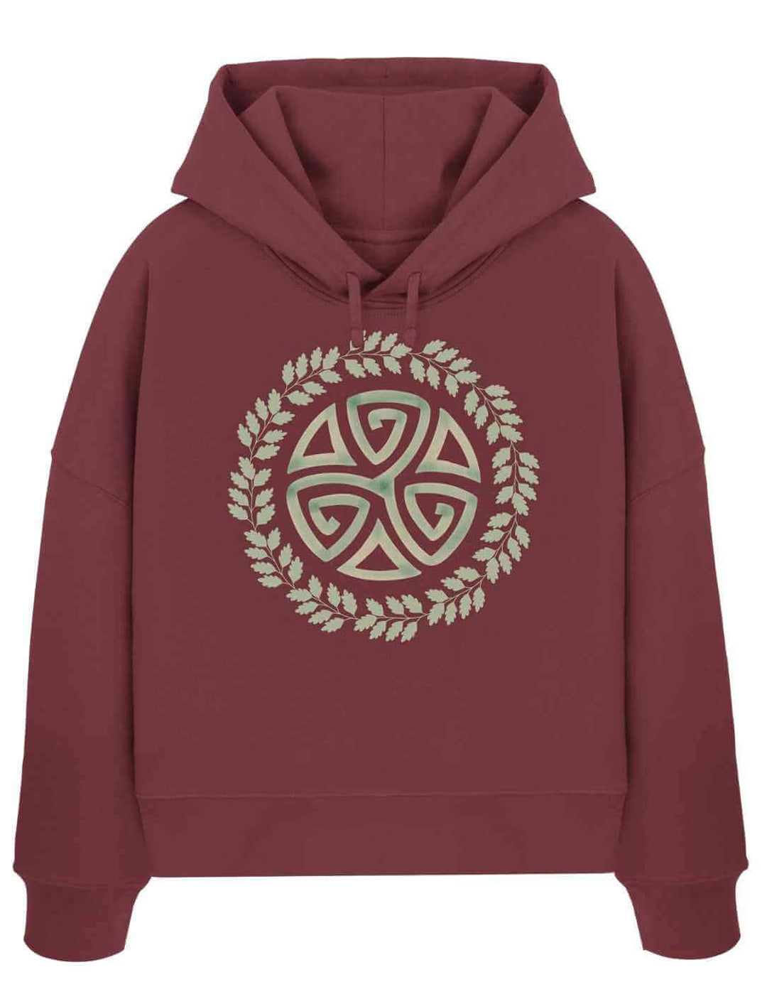 Triskele des Waldes Damen Hoodie in Bordeauxrot – Symbol für Wandel und Stärke aus Bio-Baumwolle