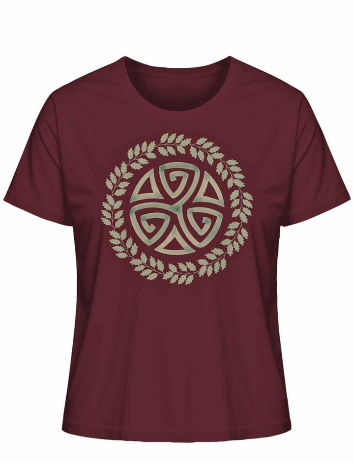 Burgunder Triskele des Waldes Organic Damen Shirt – Keltische Symbolik und Naturverbundenheit