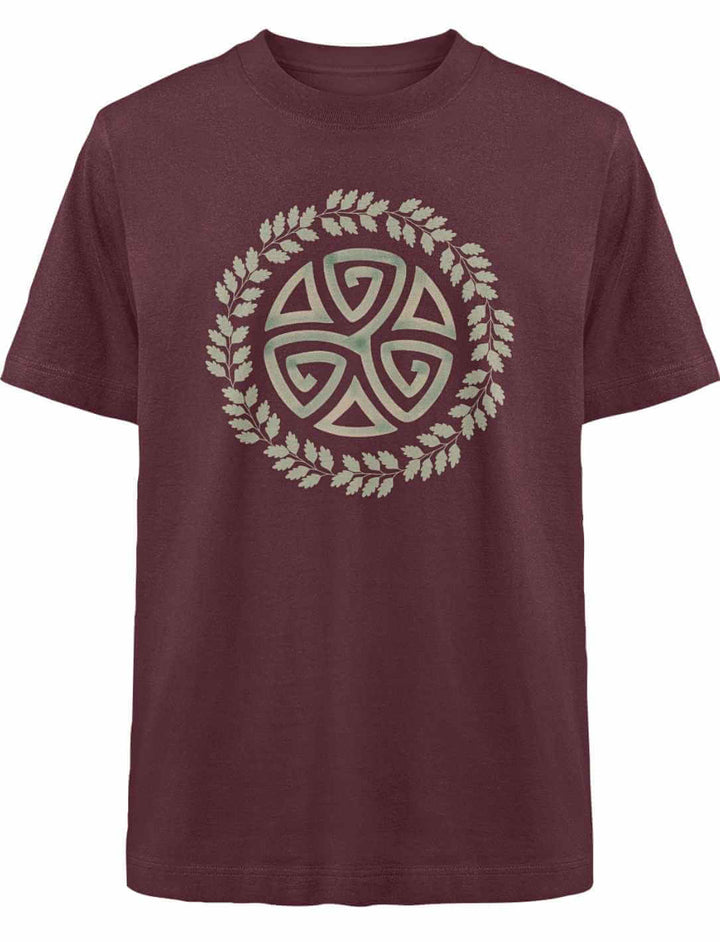 Burgunder Triskele des Waldes Oversized Shirt – Ausdrucksstarke Symbolik und nachhaltiger Komfort.