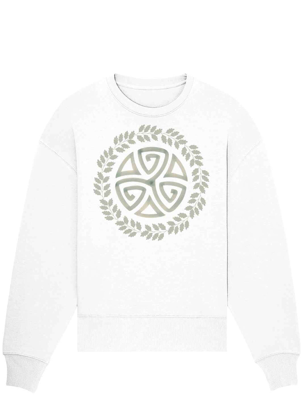 Triskele des Waldes Oversized Sweatshirt in Weiss – moderner Look mit keltischer Symbolik, perfekt für den Alltag.