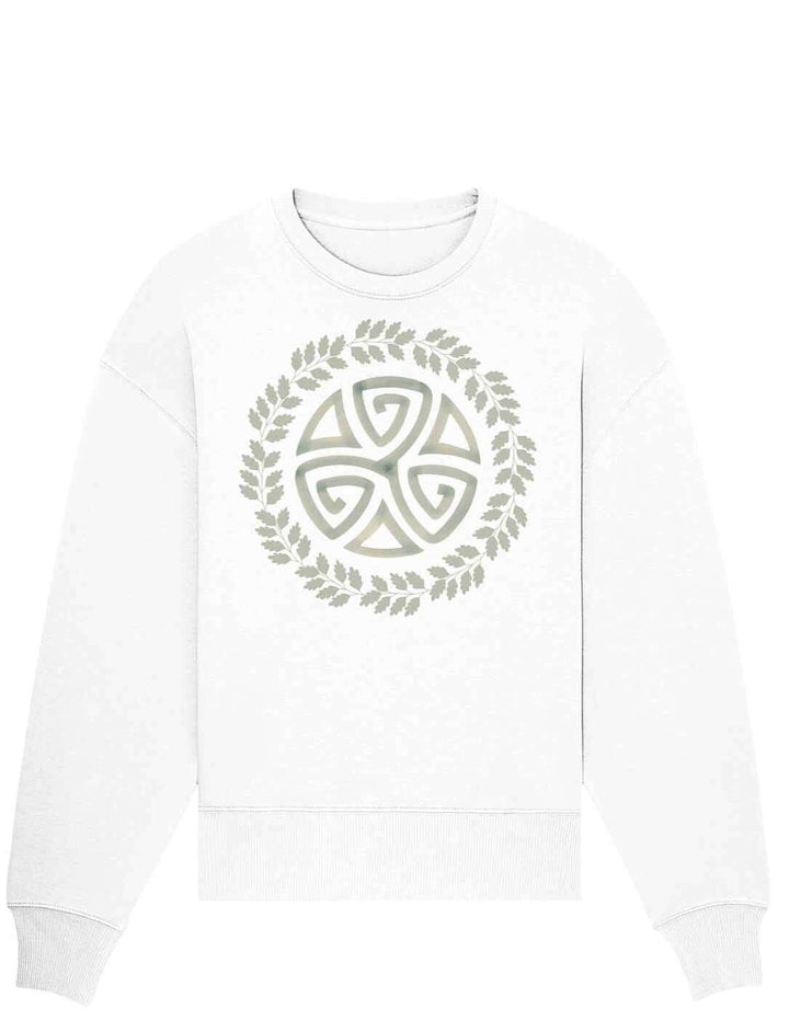 Triskele des Waldes Oversized Sweatshirt in Weiss – moderner Look mit keltischer Symbolik, perfekt für den Alltag.