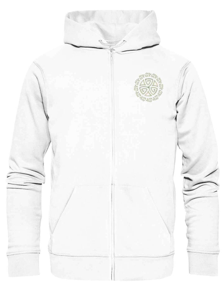 Triskele des Waldes Zipper Hoodie in Weiss – ideal für warme Tage, inspiriert von keltischen Symbolen.